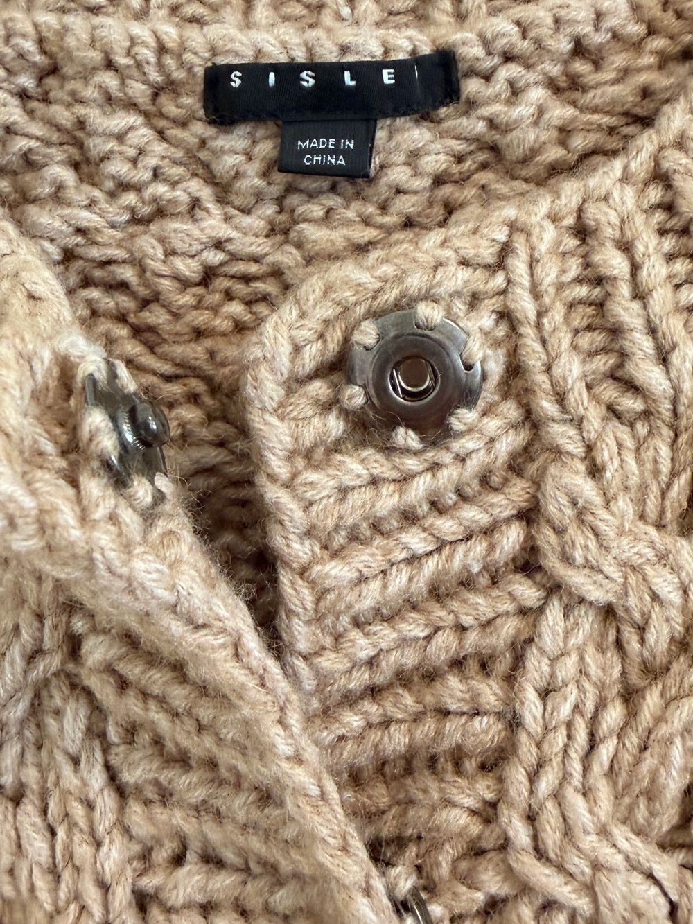 Beige Tan Brown Cardigan Knit Sweater by Sisley Wool Blend Cable Chunky Knit S - Picture 5 of 7